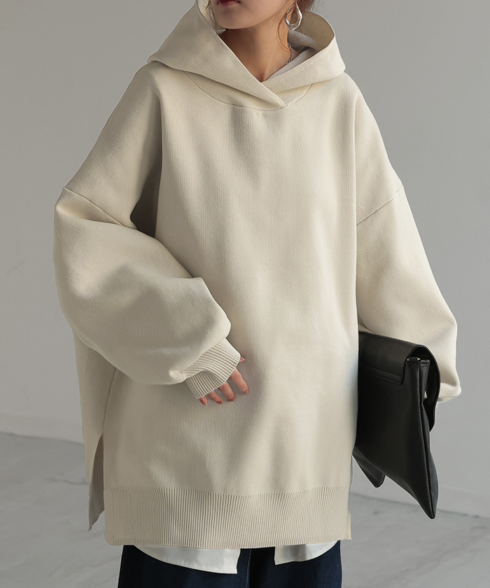 パーカー スポンジニット ニットパーカー ニット スポーティー レディース ライトアウター トップス プルオーバー | HUG.U | 01