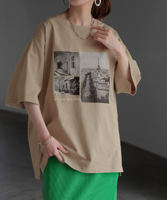 Tシャツ プリント 接触冷感 ＵＶカット レディース トップス 半袖 ロゴ カットソー ロング チュニック お尻が隠れる クルーネック ティーシャツ ロンT | HUG.U | 02
