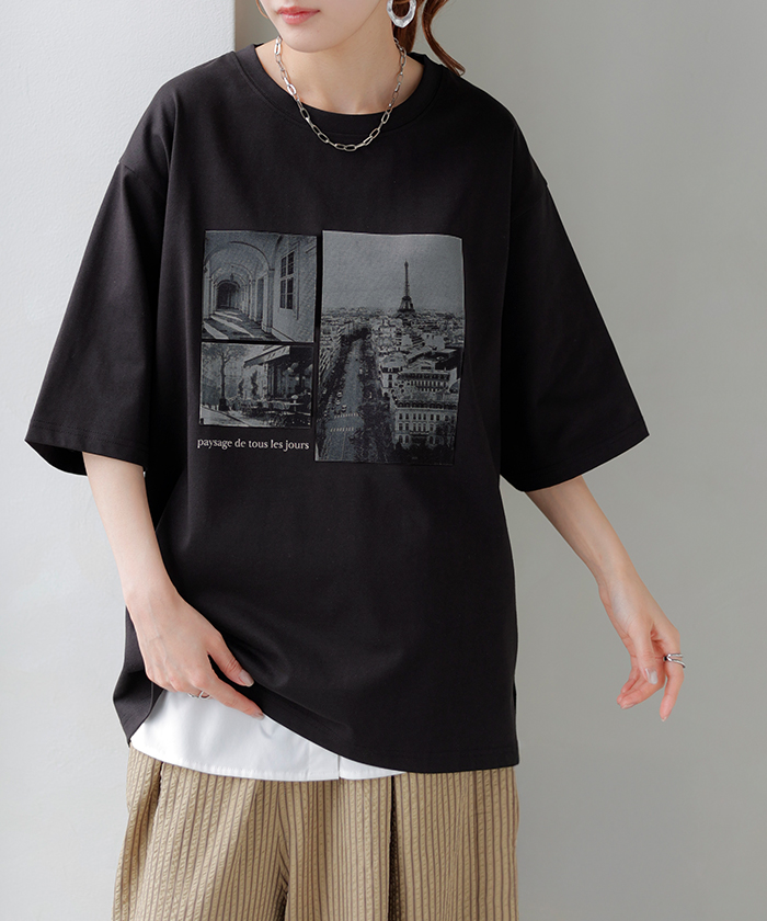 Tシャツ プリント 接触冷感 ＵＶカット レディース トップス 半袖 ロゴ カットソー ロング チュニック お尻が隠れる クルーネック ティーシャツ ロンT | HUG.U | 05