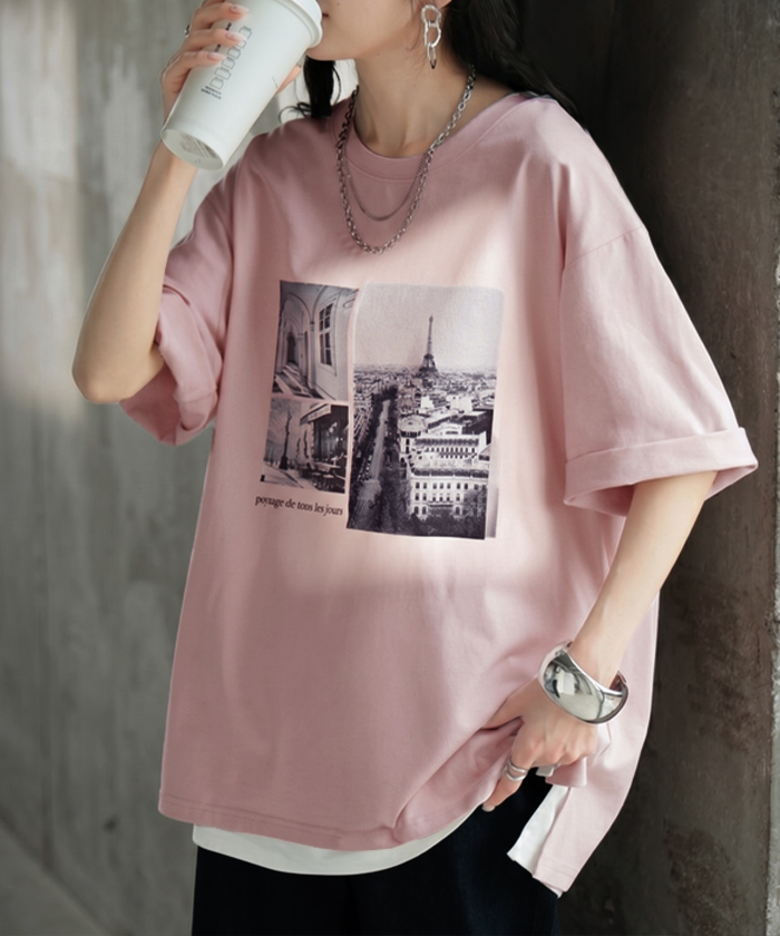 Tシャツ プリント 接触冷感 ＵＶカット レディース トップス 半袖 ロゴ カットソー ロング チュニック お尻が隠れる クルーネック ティーシャツ ロンT | HUG.U | 05