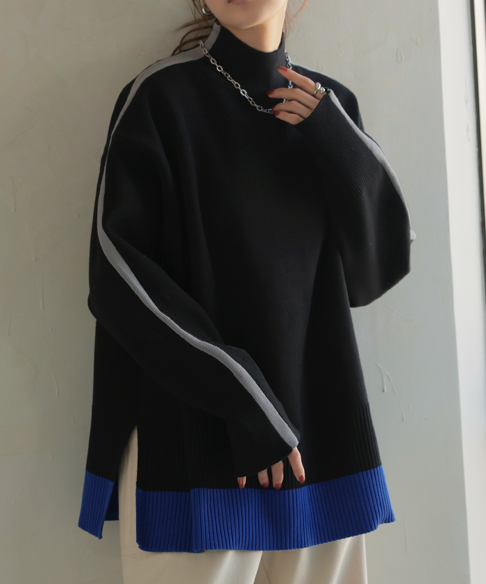 ニット 配色 ライン レディース トップス セーター プルオーバー ロング ロングニット リブ 無地 長袖 ハイネック | HUG.U | 03