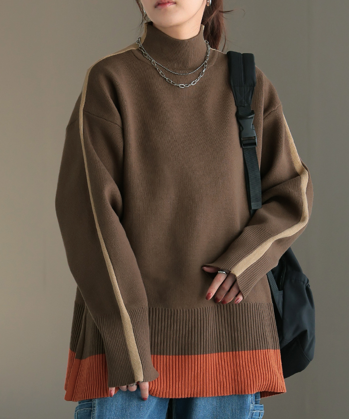 ニット 配色 ライン レディース トップス セーター プルオーバー ロング ロングニット リブ 無地 長袖 ハイネック | HUG.U | 02