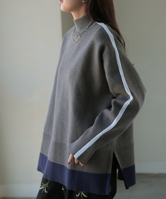 ニット 配色 ライン レディース トップス セーター プルオーバー ロング ロングニット リブ 無地 長袖 ハイネック | HUG.U | 01