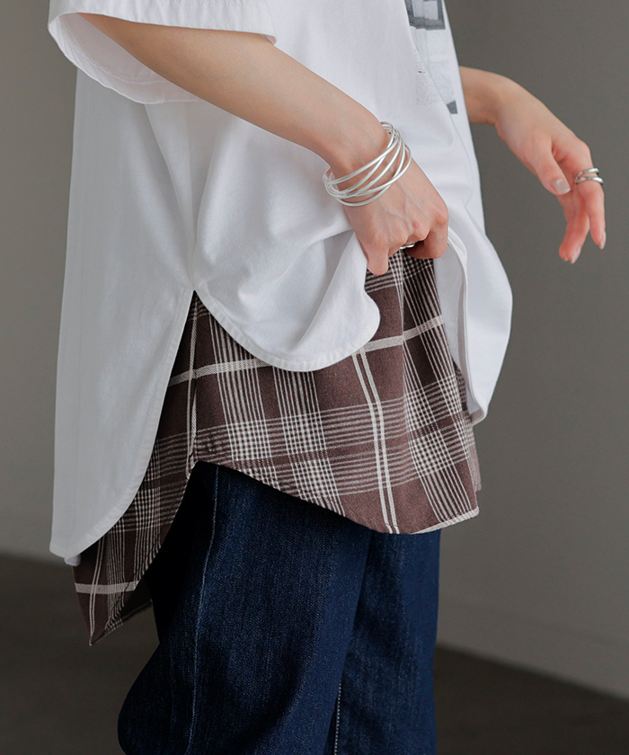 付け裾 シャツ レイヤード つけ裾 重ね着風 腹巻き 腹巻 体型カバー レディース Tシャツ インナー フェイクレイヤード 裾フリル 着け裾 ゴム ロング スリット | HUG.U | 02