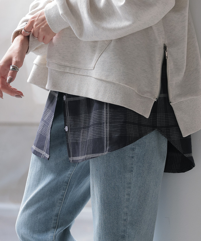 付け裾 シャツ レイヤード つけ裾 重ね着風 腹巻き 腹巻 体型カバー レディース Tシャツ インナー フェイクレイヤード 裾フリル 着け裾 ゴム ロング スリット | HUG.U | 01