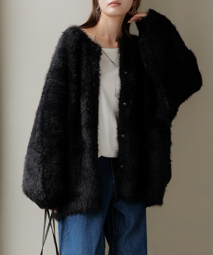 カーディガン フェザー パフスリーブ トップス レディース セーター プルオーバー ロング ニットカーディガン | HUG.U | 05