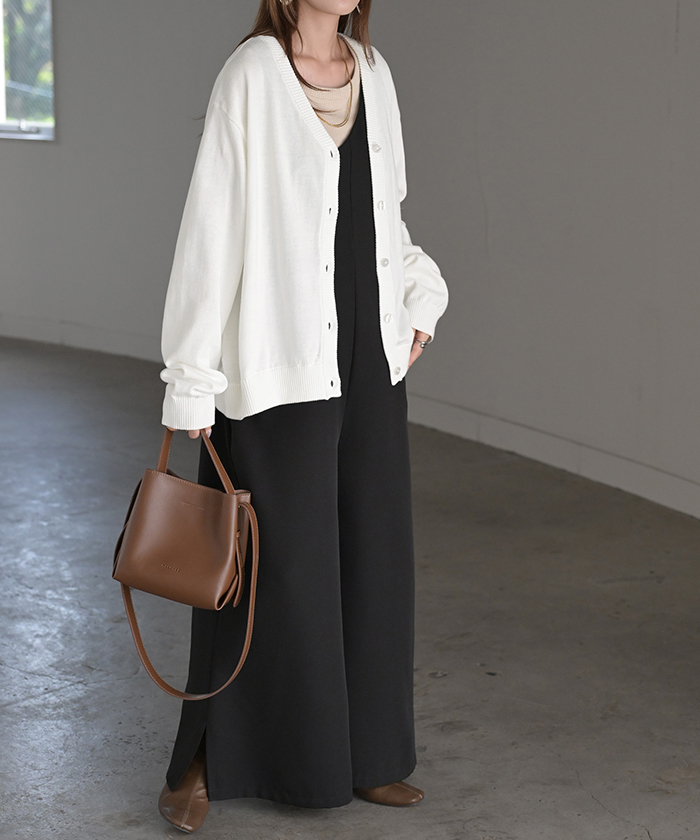 ニット 2way カーディガン ロング レディース カーデ 綿 トップス フリル オーバー ニットカーディガン 長袖 Vネック リブ チュニック ゆったり 取り外し可能 | HUG.U | 01