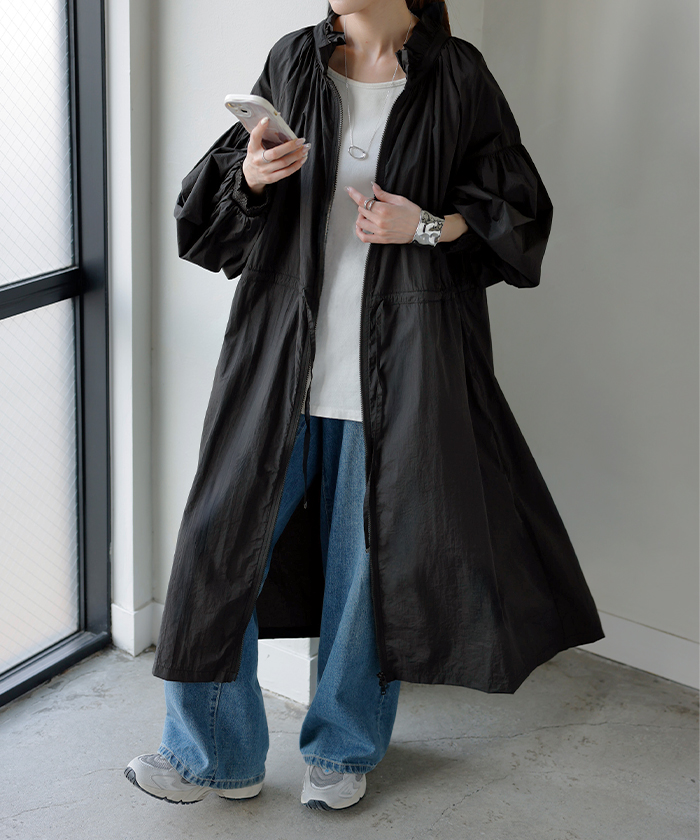 アウター ブルゾン ロング 微 撥水 軽量 レディース ジャンパー ミリタリー ライトアウター ナイロン ハイネック ボリュームスリーブ ダブルジップ 羽織 コート | HUG.U | 02