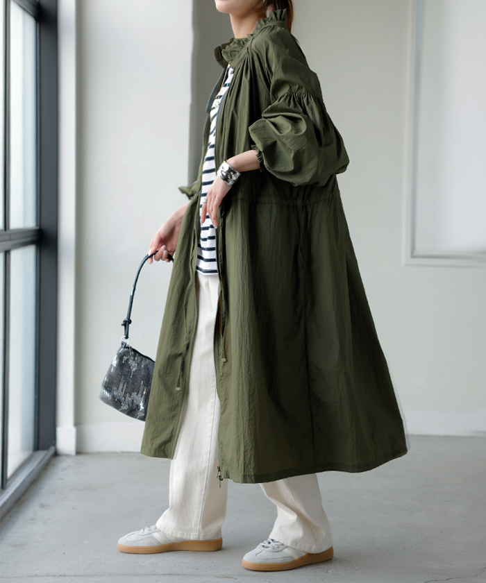 アウター ブルゾン ロング 微 撥水 軽量 レディース ジャンパー ミリタリー ライトアウター ナイロン ハイネック ボリュームスリーブ ダブルジップ 羽織 コート | HUG.U | 01