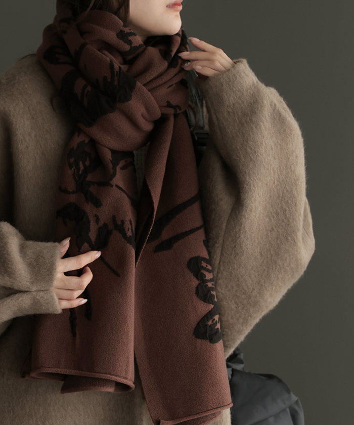 ストール 花柄 ニット 綿 混 レディース 大判ストール マフラー ジャガード チクチクしにくい 厚手 ハイゲージ 羽織 ショール 大判 大きい 大きめ | HUG.U | 01