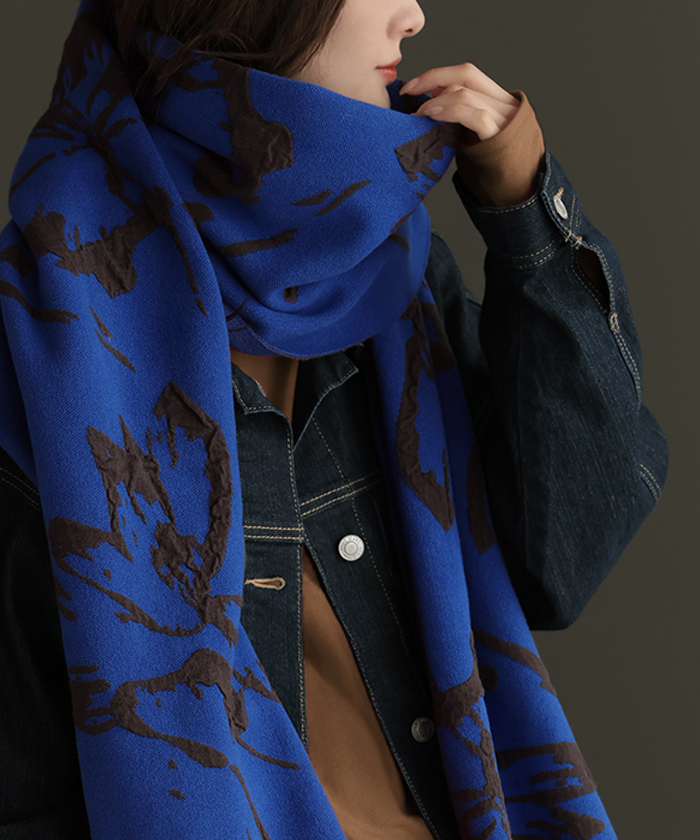 ストール 花柄 ニット 綿 混 レディース 大判ストール マフラー ジャガード チクチクしにくい 厚手 ハイゲージ 羽織 ショール 大判 大きい 大きめ | HUG.U | 02