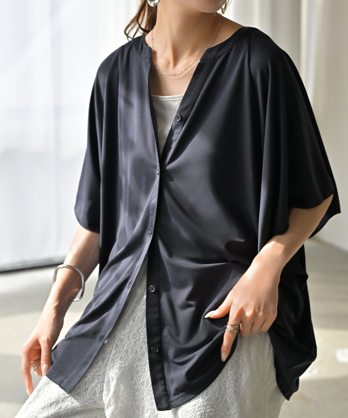 シャツ ノーカラー 接触冷感 UVカット レディース トップス 吸水速乾 抗菌防臭 バンドカラー ブラウス ロング | HUG.U | 03