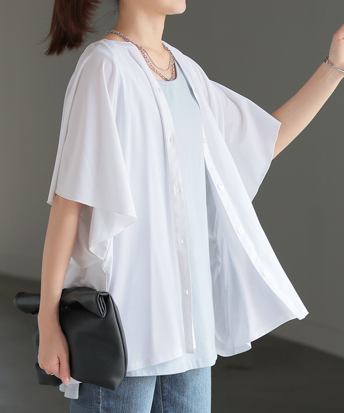 シャツ ノーカラー 接触冷感 UVカット レディース トップス 吸水速乾 抗菌防臭 バンドカラー ブラウス ロング | HUG.U | 01