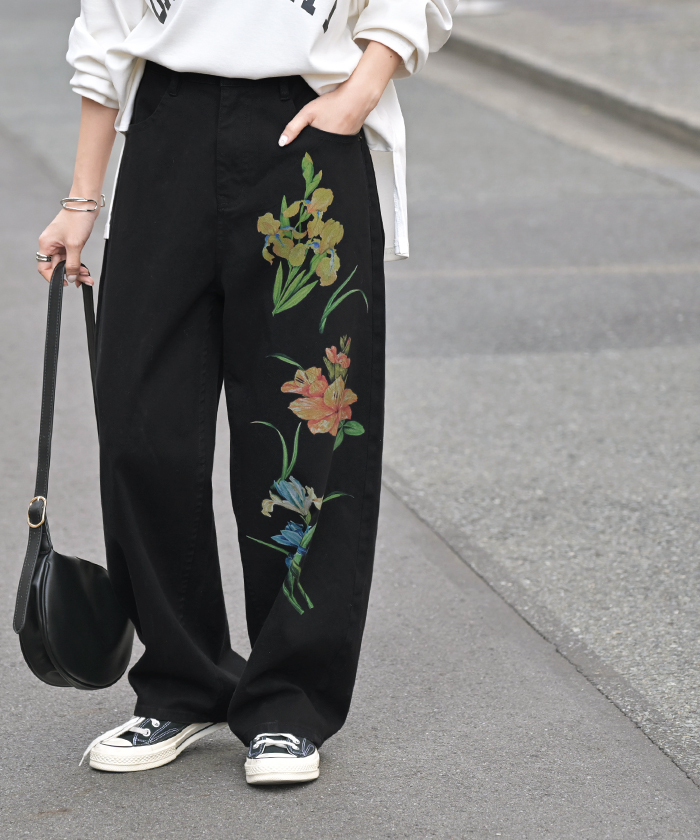 パンツ デニム チノ 花柄 レディース ワイドパンツ ワイド デニムパンツ ジーンズ ジーパン 体型カバー ボトムス ボトム コクーン | HUG.U | 04