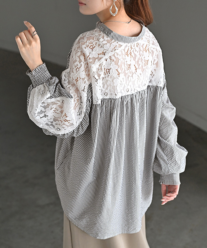 シャツ レディース ノーカラー レース トップス バンドカラー ストライプ シワになりにくい 花柄 ブラウス ロング | HUG.U | 01