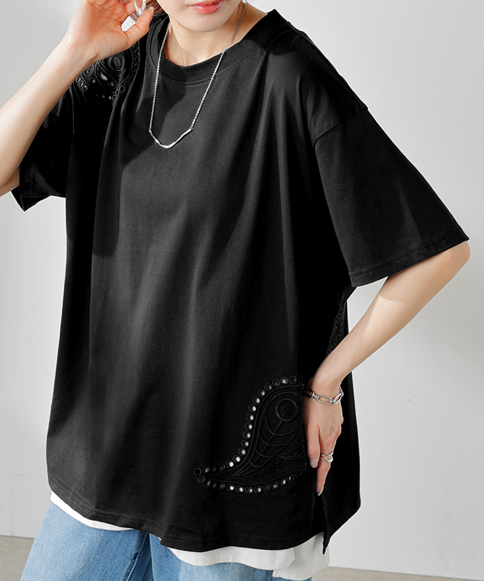 Tシャツ 接触冷感 ペイズリー レディース トップス 半袖 カットソー 刺繍 透け ロング ティーシャツ チュニック | HUG.U | 02