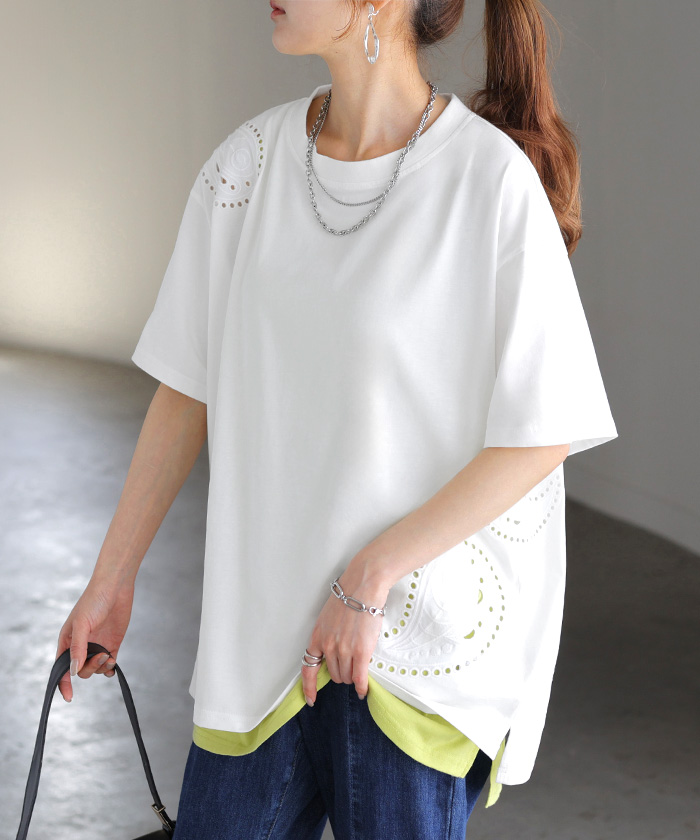Tシャツ 接触冷感 ペイズリー レディース トップス 半袖 カットソー 刺繍 透け ロング ティーシャツ チュニック | HUG.U | 01