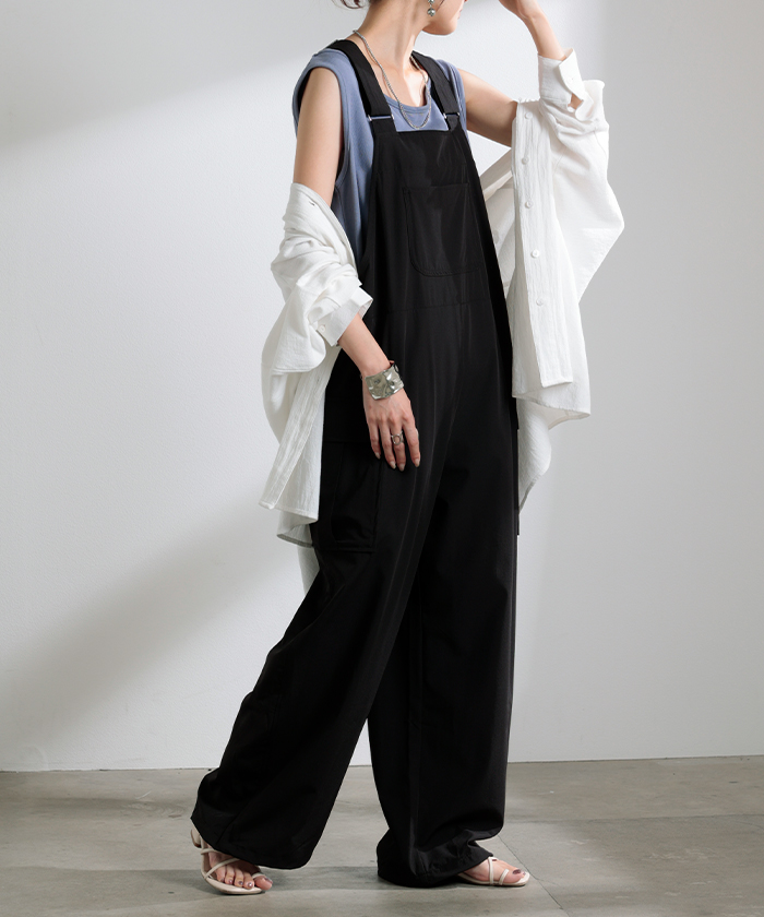 サロペット ワイド レディース 微 撥水 サロペ パンツ ロング ロングパンツ ノースリーブ オーバーオール レイヤード 重ね着 調節可能 ドロスト ゆったり | HUG.U | 02