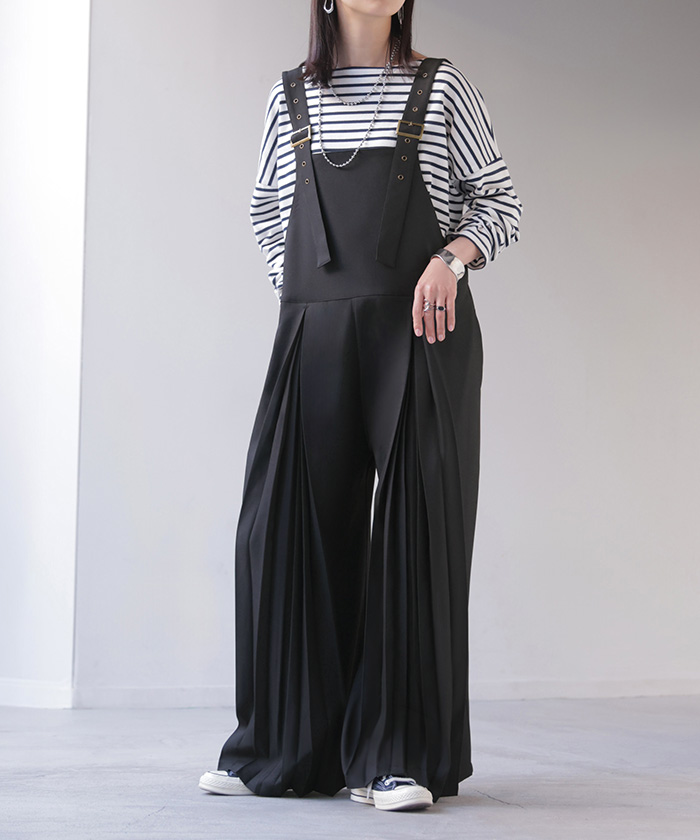 サロペット プリーツ ワイド レディース サロペ パンツ ロング ロングパンツ ノースリーブ シワになりにくい オーバー オーバーオール レイヤード | HUG.U | 02