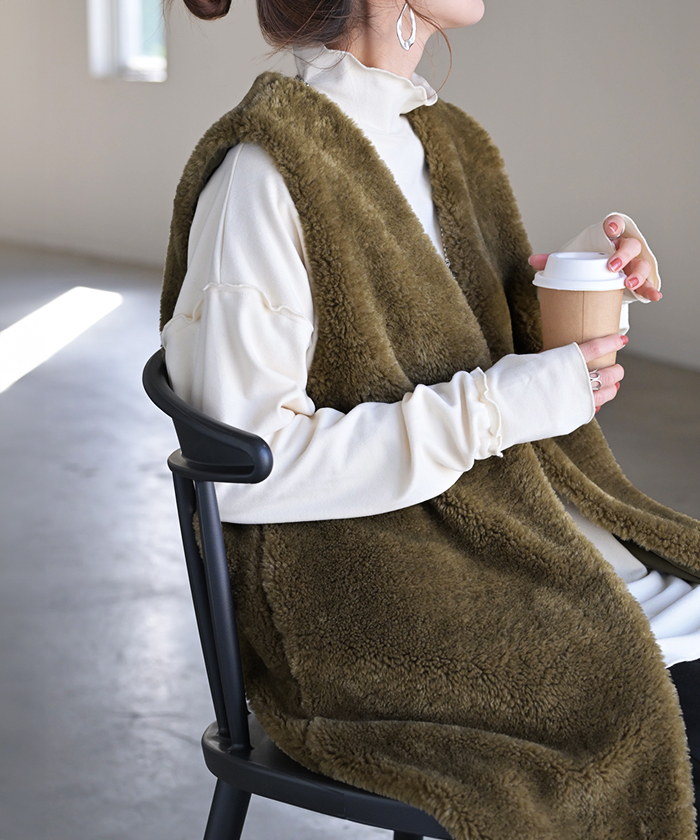 ベスト ジレ ファー ロングベスト レディース トップス アウター ノーカラ― Vネック ロング ロングジレ | HUG.U | 03