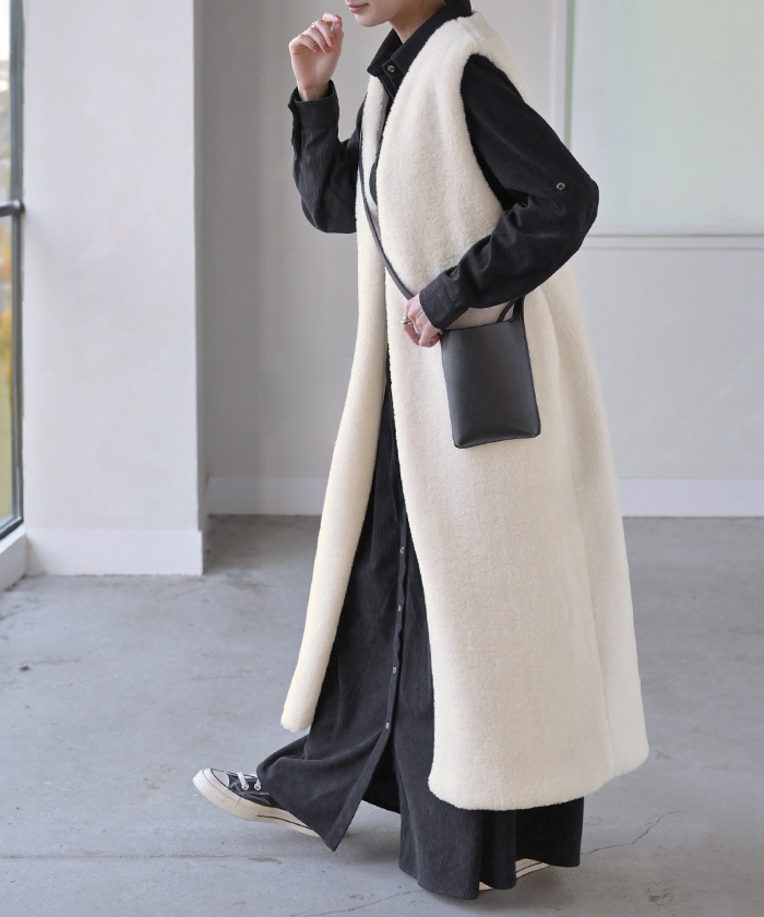 ベスト ジレ ファー ロングベスト レディース トップス アウター ノーカラ― Vネック ロング ロングジレ | HUG.U | 01