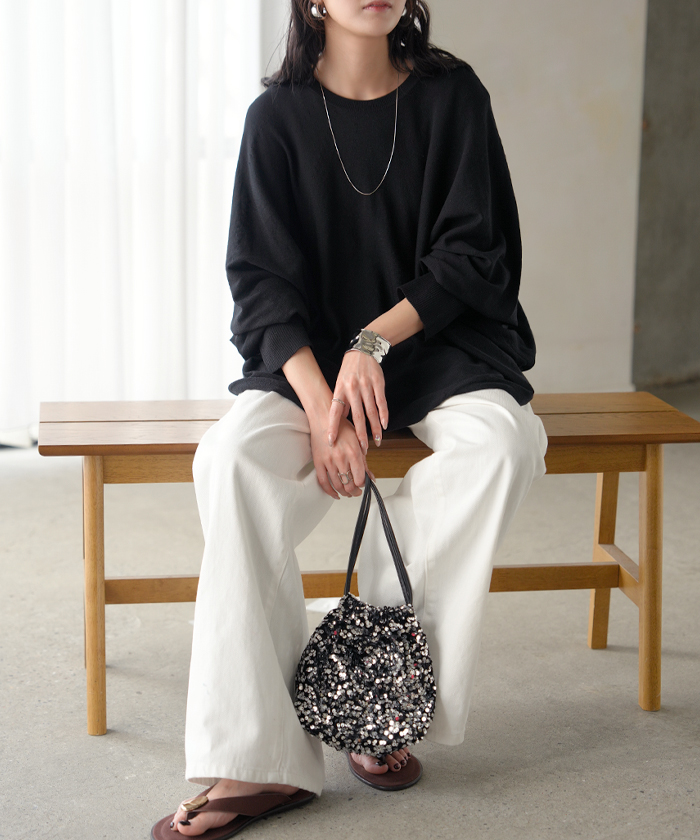 ニット レディース ドルマン トップス 長袖 Tシャツ カットソー ロング ティーシャツ リブ チュニック ビッグ プラスサイズ クルーネック 長い ドルマンスリーブ | HUG.U | 04