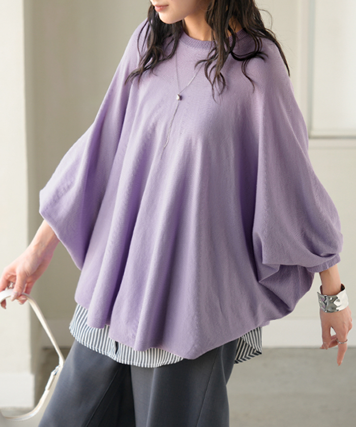 ニット レディース ドルマン トップス 長袖 Tシャツ カットソー ロング ティーシャツ リブ チュニック ビッグ プラスサイズ クルーネック 長い ドルマンスリーブ | HUG.U | 03