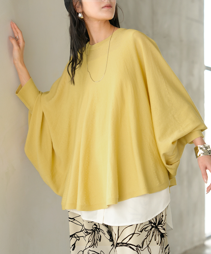 ニット レディース ドルマン トップス 長袖 Tシャツ カットソー ロング ティーシャツ リブ チュニック ビッグ プラスサイズ クルーネック 長い ドルマンスリーブ | HUG.U | 02