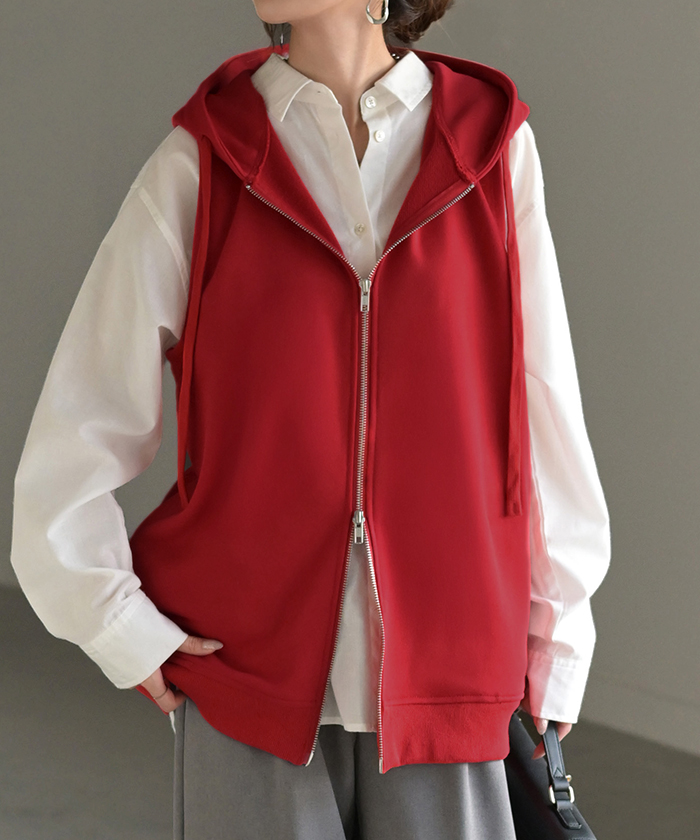 ベスト スウェット パーカー スポーティー ジレ スウェットベスト アウター レディース ライトアウター トップス ノースリーブ トレーナー フード | HUG.U | 04