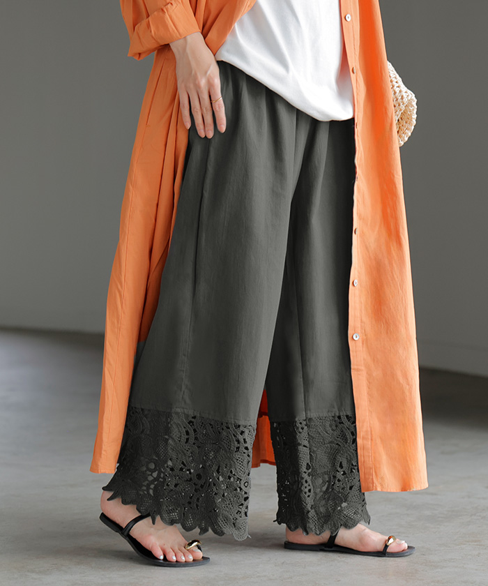 パンツ 裾 レース ワイドパンツ 綿100％ ワイド レディース ロング ロングパンツ 体型カバー 無地 ボトムス ボトム ストレート ズボン ゆったり ハイウエスト | HUG.U | 04