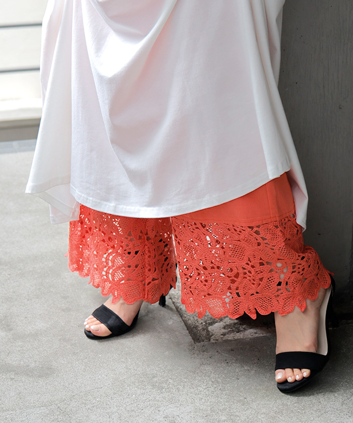 パンツ 裾 レース ワイドパンツ 綿100％ ワイド レディース ロング ロングパンツ 体型カバー 無地 ボトムス ボトム ストレート ズボン ゆったり ハイウエスト | HUG.U | 03