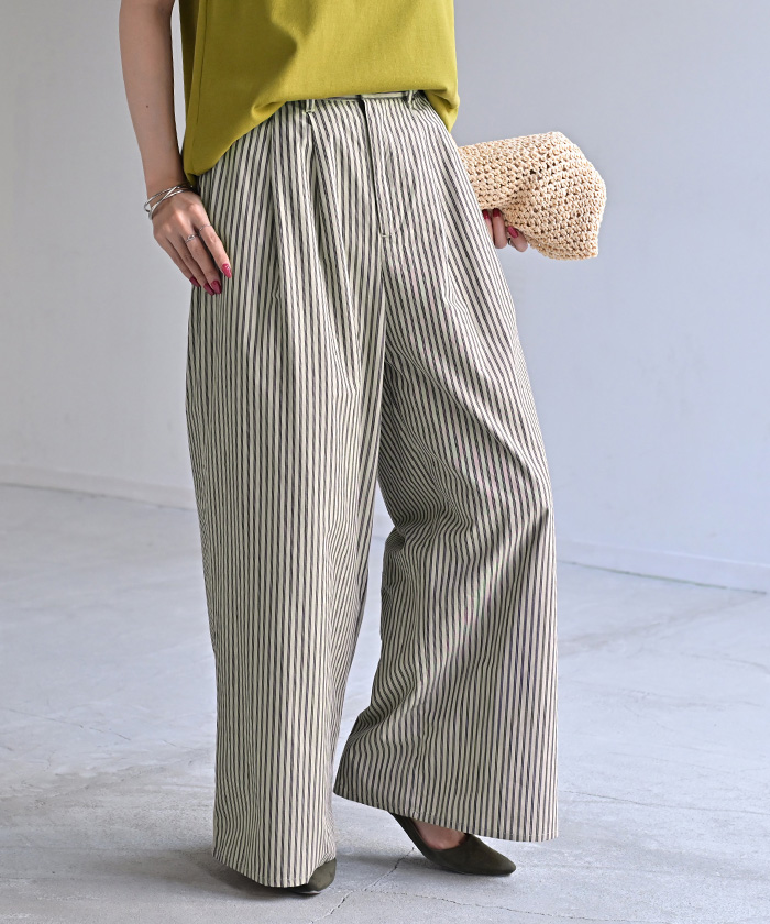 パンツ ワイド ストライプ 綿100 レディース ワイドパンツ 柄 ロング ロングパンツ 薄手 体型カバー ボトムス ボトム ストレート ズボン ゆったり ハイウエスト | HUG.U | 03