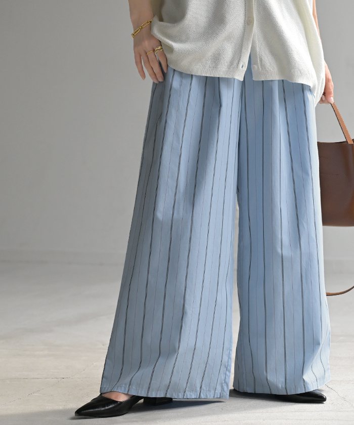 パンツ ワイド ストライプ 綿100 レディース ワイドパンツ 柄 ロング ロングパンツ 薄手 体型カバー ボトムス ボトム ストレート ズボン ゆったり ハイウエスト | HUG.U | 01