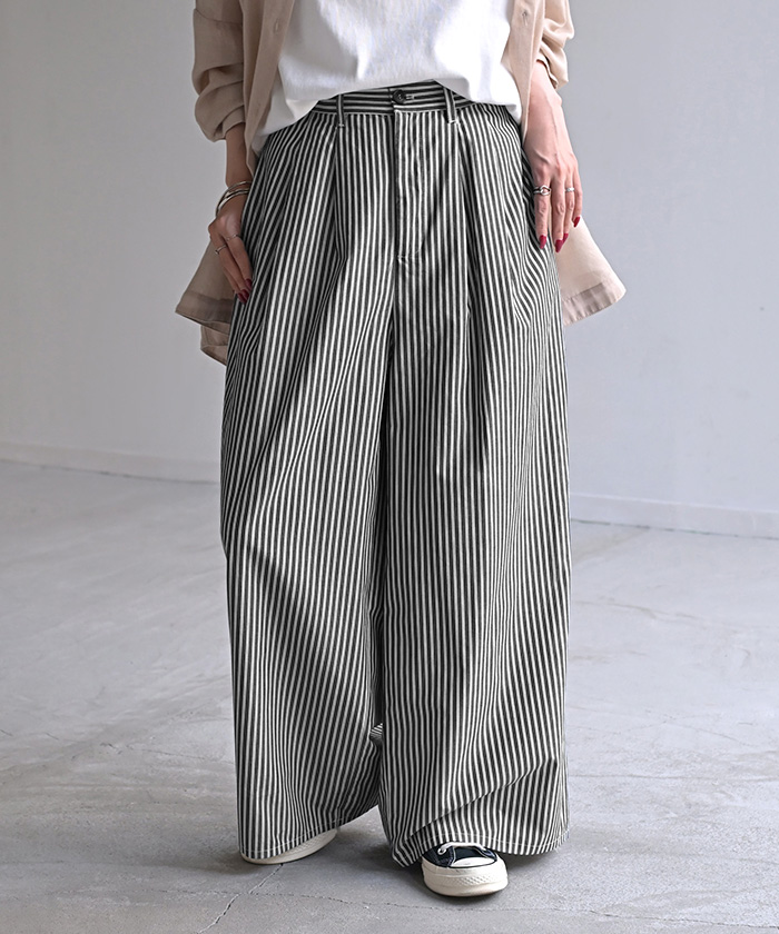 パンツ ワイド ストライプ 綿100 レディース ワイドパンツ 柄 ロング ロングパンツ 薄手 体型カバー ボトムス ボトム ストレート ズボン ゆったり ハイウエスト | HUG.U | 04