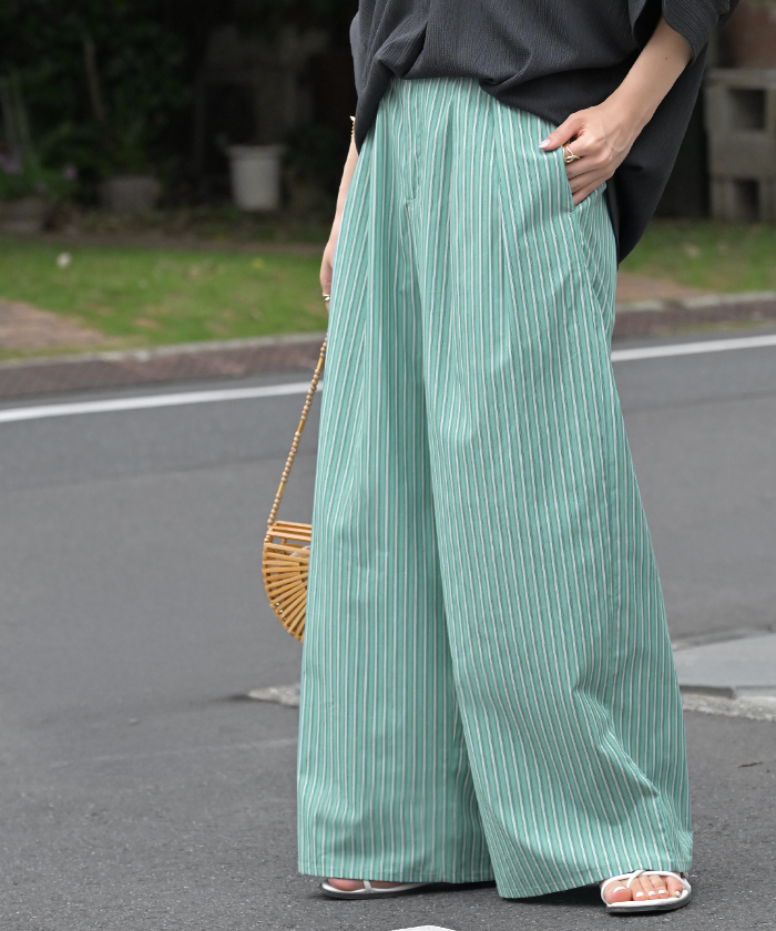 パンツ ワイド ストライプ 綿100 レディース ワイドパンツ 柄 ロング ロングパンツ 薄手 体型カバー ボトムス ボトム ストレート ズボン ゆったり ハイウエスト | HUG.U | 02
