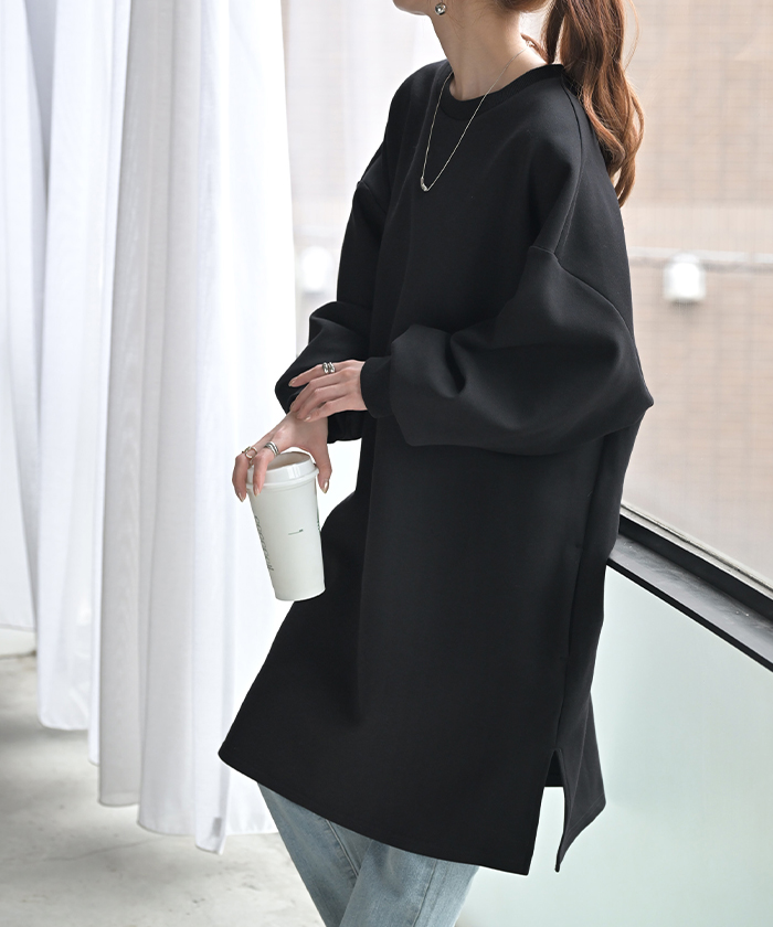 ワンピース ダンボール チュニック レディース トップス ロング スウェット プルオーバー シワになりにくい 無地 長袖 ワンピ クルーネック リブ レイヤード | HUG.U | 05