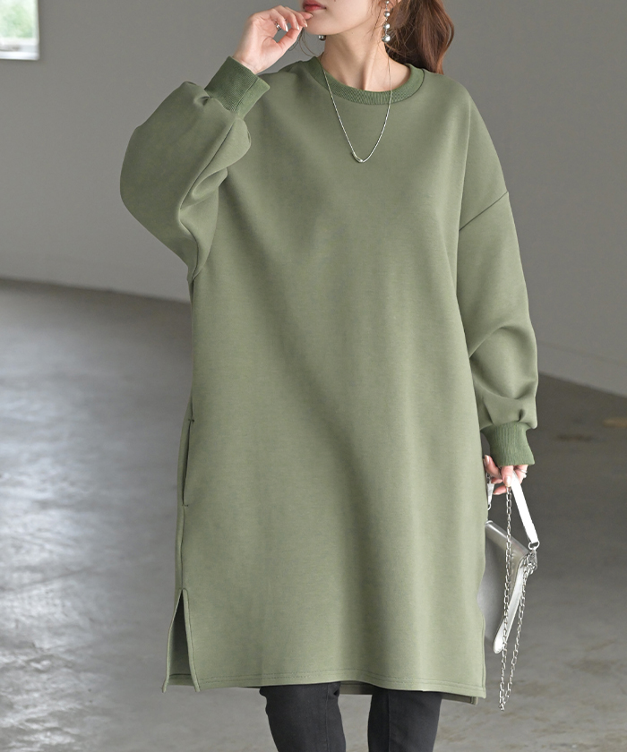 ワンピース ダンボール チュニック レディース トップス ロング スウェット プルオーバー シワになりにくい 無地 長袖 ワンピ クルーネック リブ レイヤード | HUG.U | 02