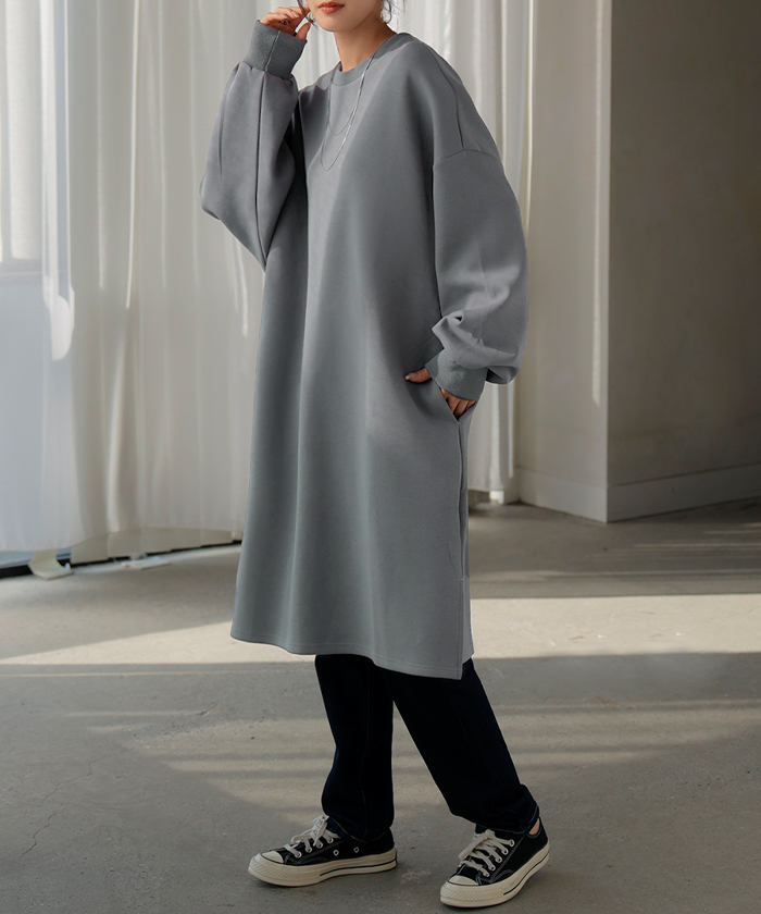 ワンピース ダンボール チュニック レディース トップス ロング スウェット プルオーバー シワになりにくい 無地 長袖 ワンピ クルーネック リブ レイヤード | HUG.U | 04