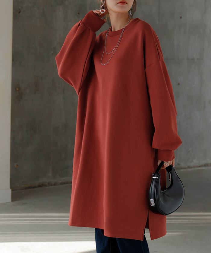 ワンピース ダンボール チュニック レディース トップス ロング スウェット プルオーバー シワになりにくい 無地 長袖 ワンピ クルーネック リブ レイヤード | HUG.U | 03