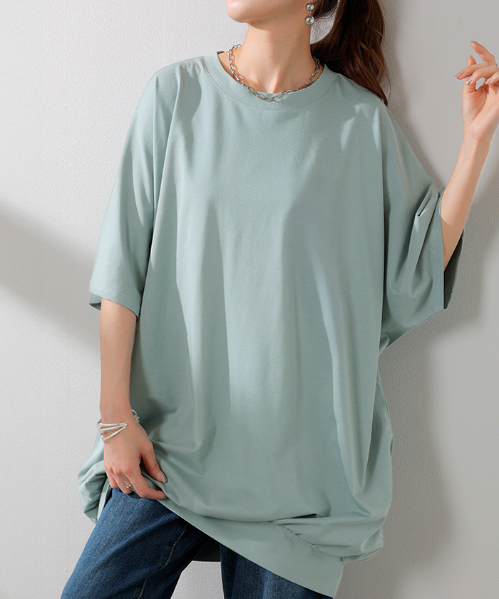 Tシャツ レディース 接触 冷感 トップス 半袖 カットソー ロング ティーシャツ チュニック クルーネック | HUG.U | 02