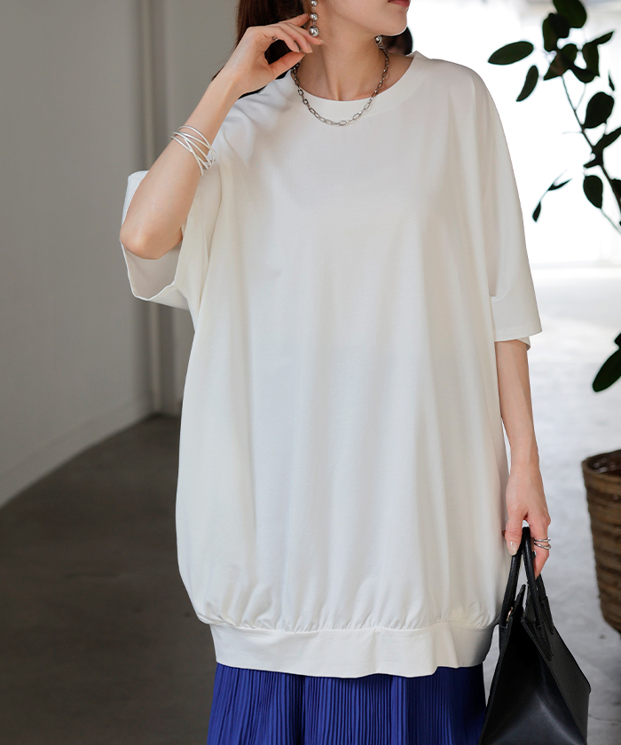 Tシャツ レディース 接触 冷感 トップス 半袖 カットソー ロング ティーシャツ チュニック クルーネック | HUG.U | 01
