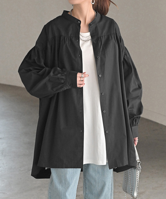 美品✨45R 綿100% ギャザーブラウス　黒　袖口ゴム　サイズ0 HUG.U（ハグユー） シャツ ギャザー 綿100 レディース トップス ノー