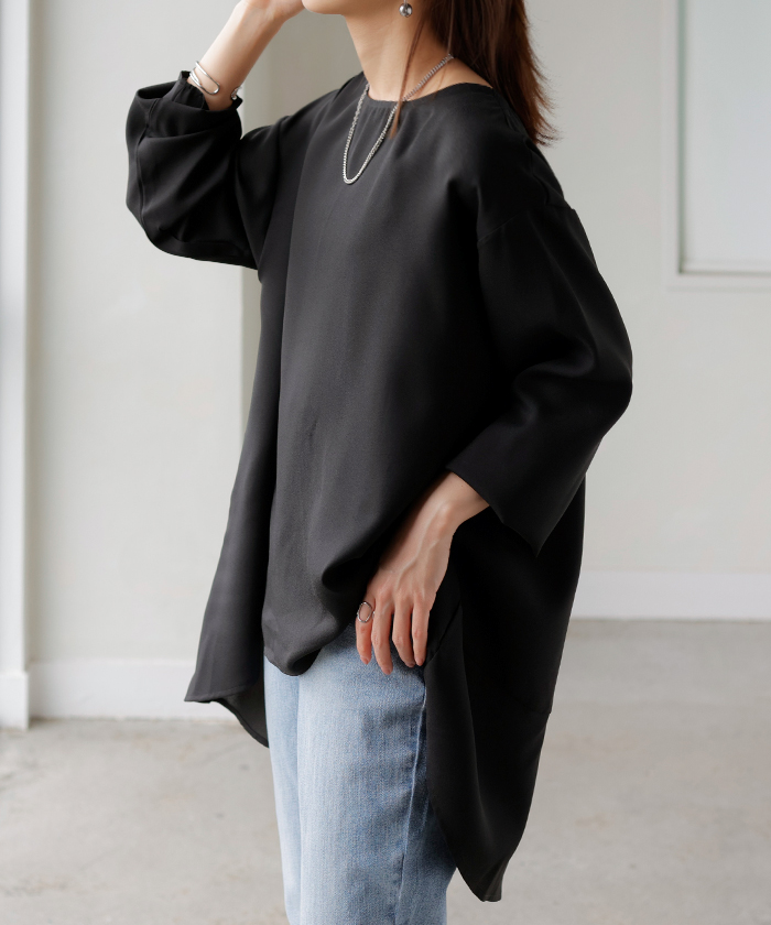 シャツ シアー シフォン ノーカラー トップス レディース Aライン クルーネック ブラウス ロング ロングシャツ | HUG.U | 03