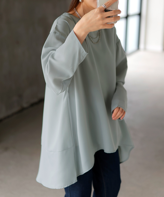 シャツ シアー シフォン ノーカラー トップス レディース Aライン クルーネック ブラウス ロング ロングシャツ | HUG.U | 02