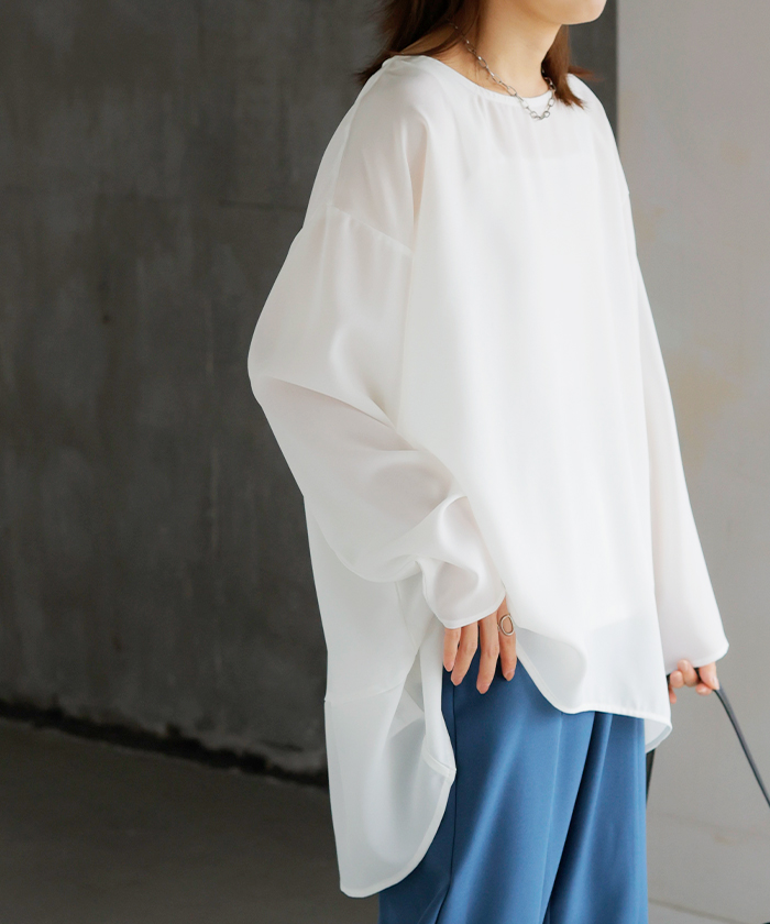 シャツ シアー シフォン ノーカラー トップス レディース Aライン クルーネック ブラウス ロング ロングシャツ | HUG.U | 01