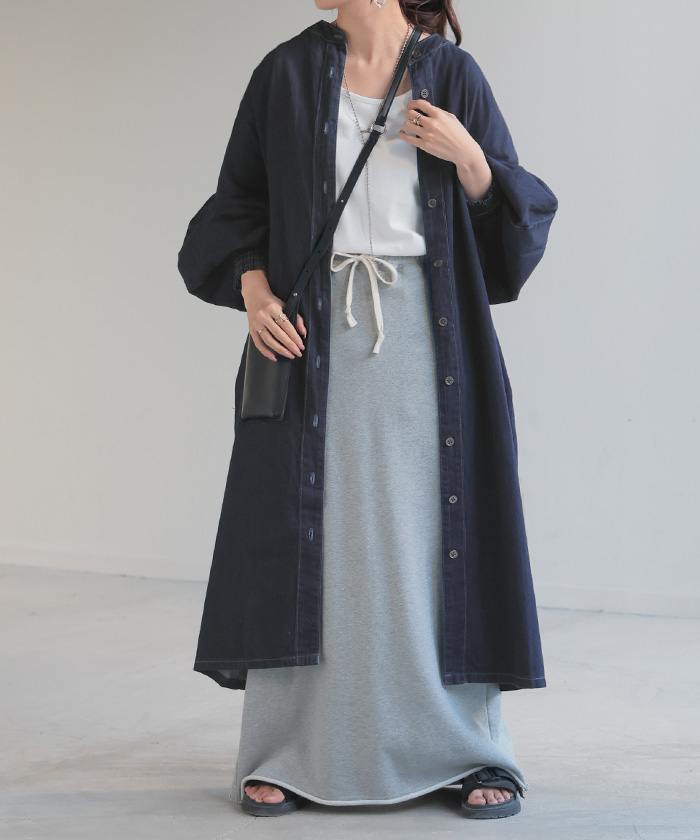 ワンピース シャツ デニム デニムシャツ ノーカラー レディース トップス ロング ロングシャツ チ...