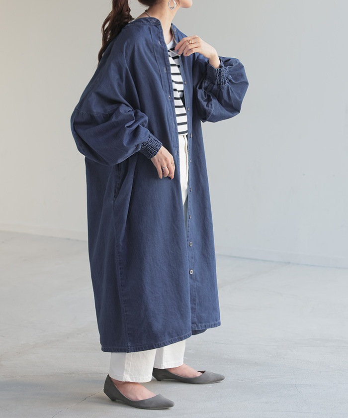 ワンピース シャツ デニム デニムシャツ ノーカラー レディース トップス ロング ロングシャツ チ...