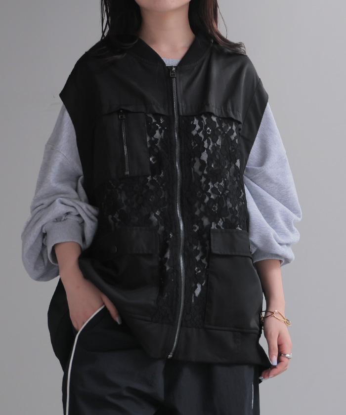 ベスト ジレ レース レディース トップス アウター ノーカラー Vネック ロング ロングジレ ノースリーブ | HUG.U | 02