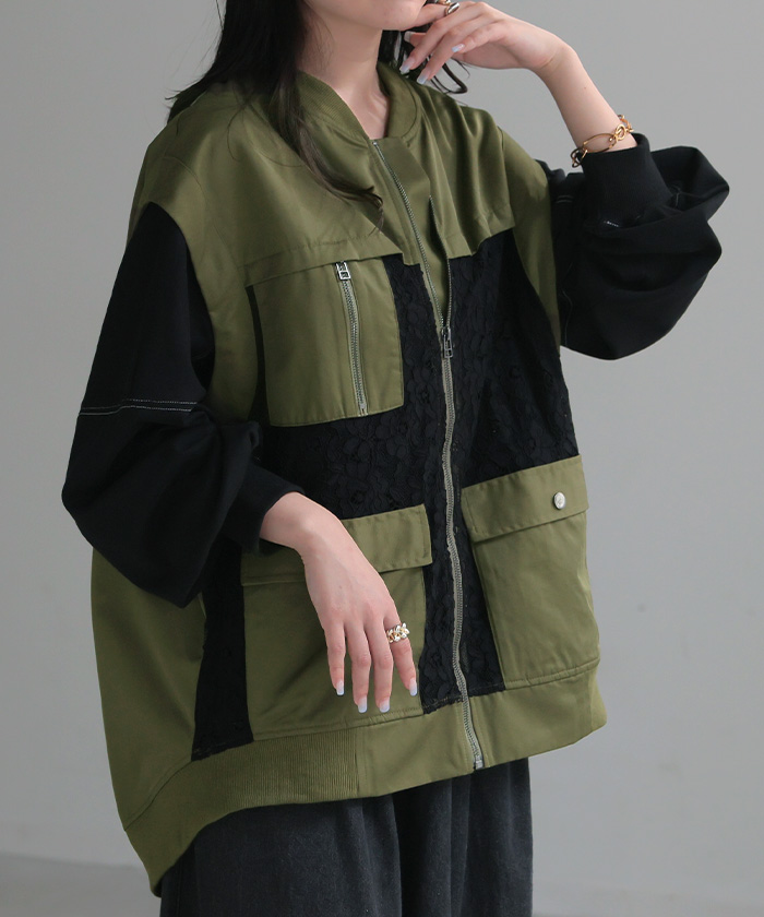 ベスト ジレ レース レディース トップス アウター ノーカラー Vネック ロング ロングジレ ノースリーブ | HUG.U | 01