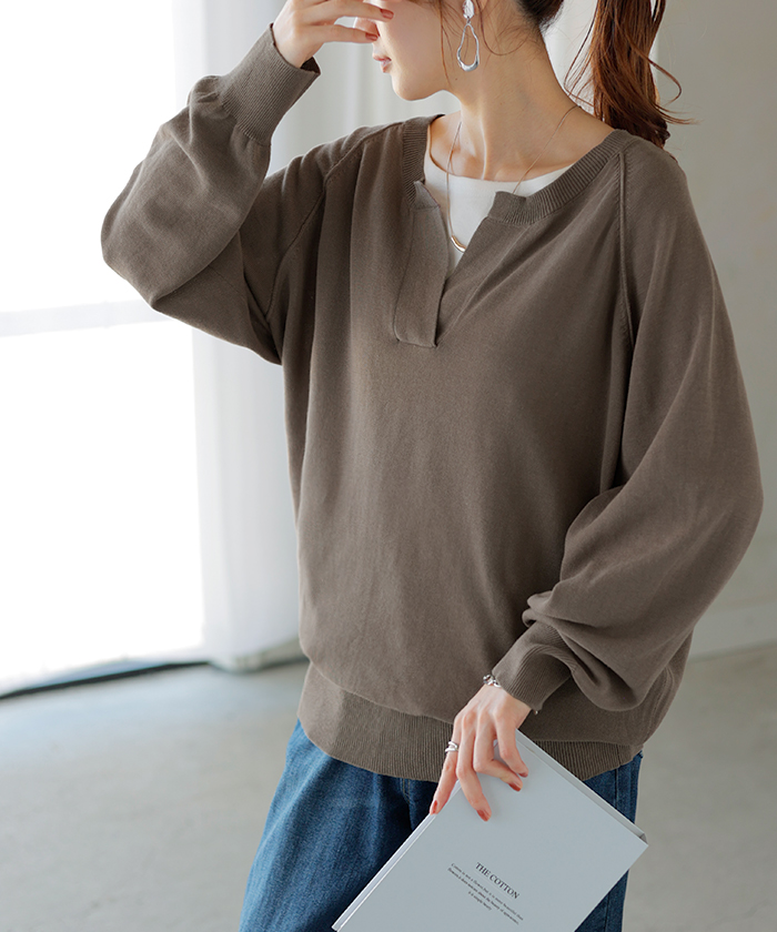 ニット 綿100 ロング レディース トップス セーター オーバー プルオーバー 長袖 長い ボリュームスリーブ Vネック チクチクしない キーネック ラグラン リブ | HUG.U | 03